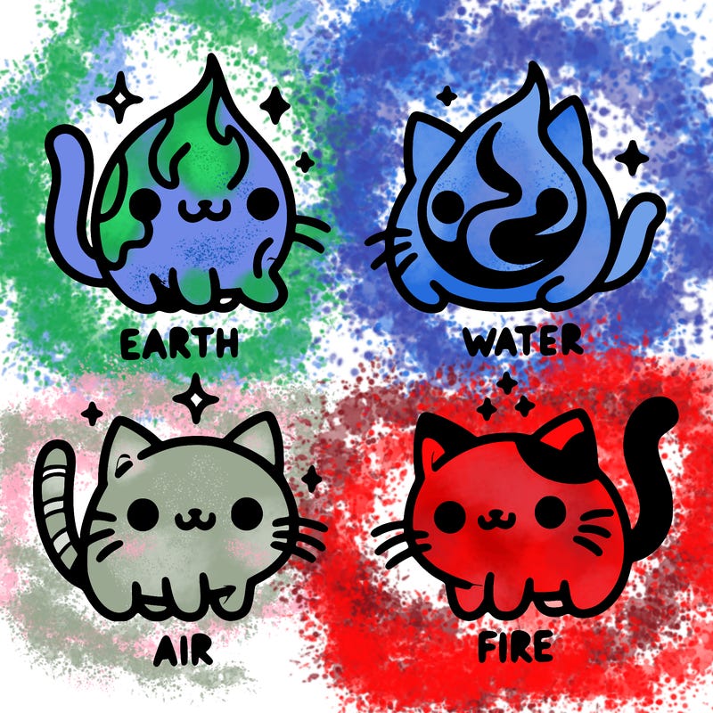 4 cats that represent the different elements, earth, water, air, and fire