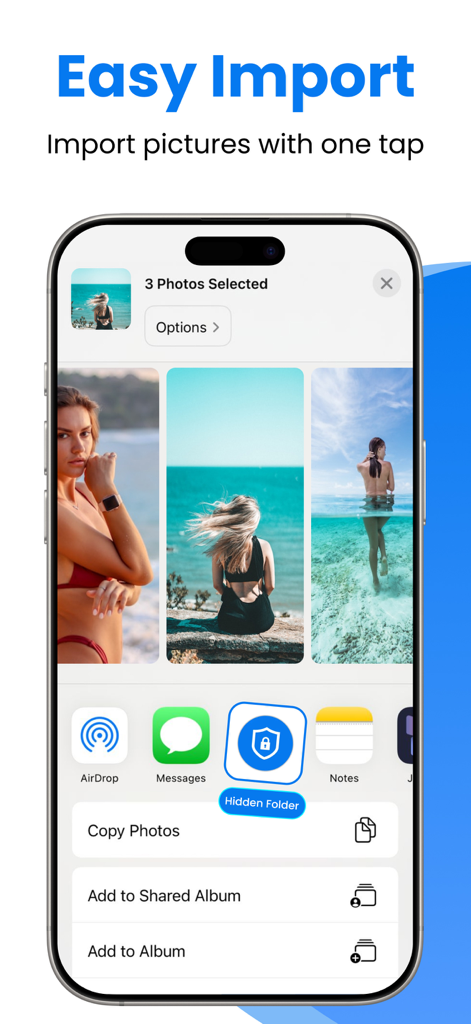 Hidden Folder - KYMS &  KYCALC - Smartphone showing easy photo import into a secure hidden folder