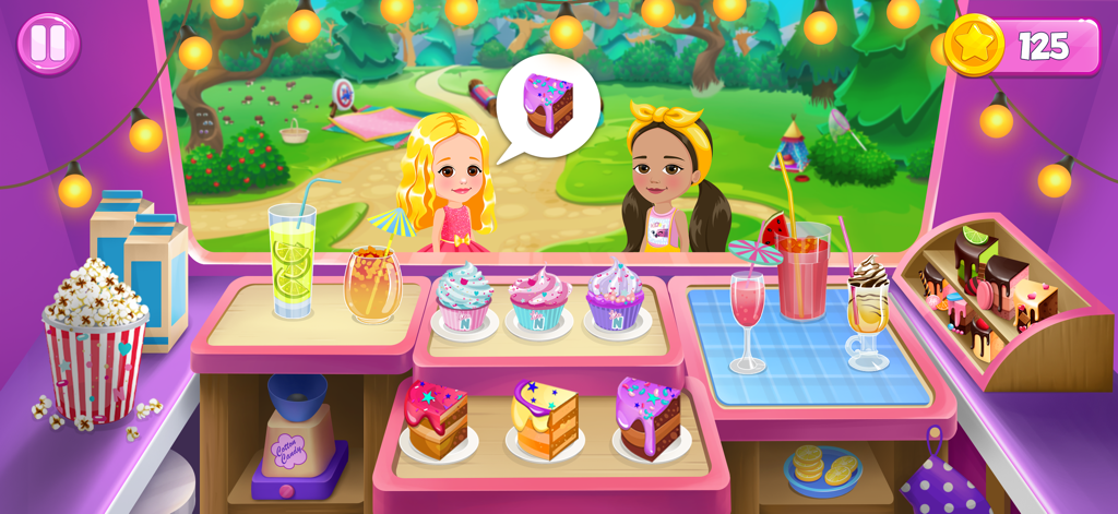 Like Nastya: Party Time - Like Nastya Party Time 앱에서 케이크와 음료를 제공하는 다채로운 스낵바에 있는 Nastya와 친구