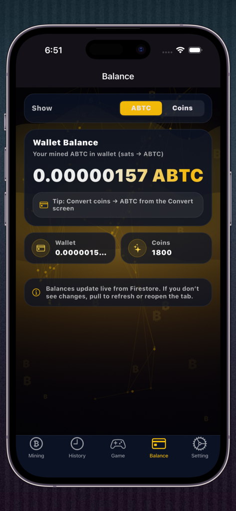 Bitcoin Mining - Alpha BTC - Ein Screenshot der Alpha BTC-App, der das Guthaben der Benutzer-Wallet und die Münzbelohnungen anzeigt.