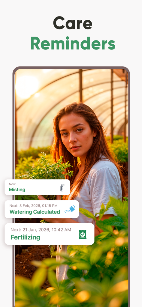 Plant ID: Plant Identifier AI - Oberfläche der Plant ID App, die Pflegeerinnerungen zum Besprühen, Gießen und Düngen über einem Foto einer Frau in einem Gewächshaus zeigt.