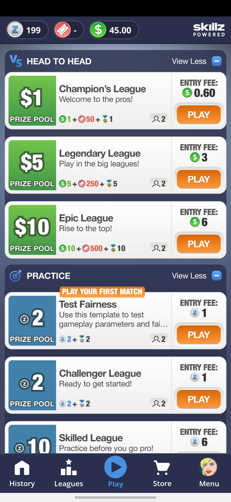 Real Money Bubble Shooter Pro - Tournament menu in Real Money Bubble Shooter Pro showing cash prize pools and practice leagues.