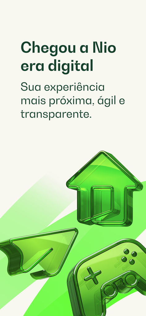 Tela de boas-vindas do aplicativo de internet Nio com ícones 3D verdes representando jogos em casa e comunicação