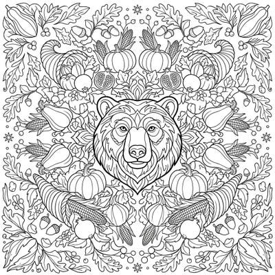 Discover the perfect blend of strength and gratitude with our unique Bear Thanksgiving Mandala. This intricate coloring page combines the majesty of a bear with bountiful harvest elements, offering a delightful and calming artistic experience.