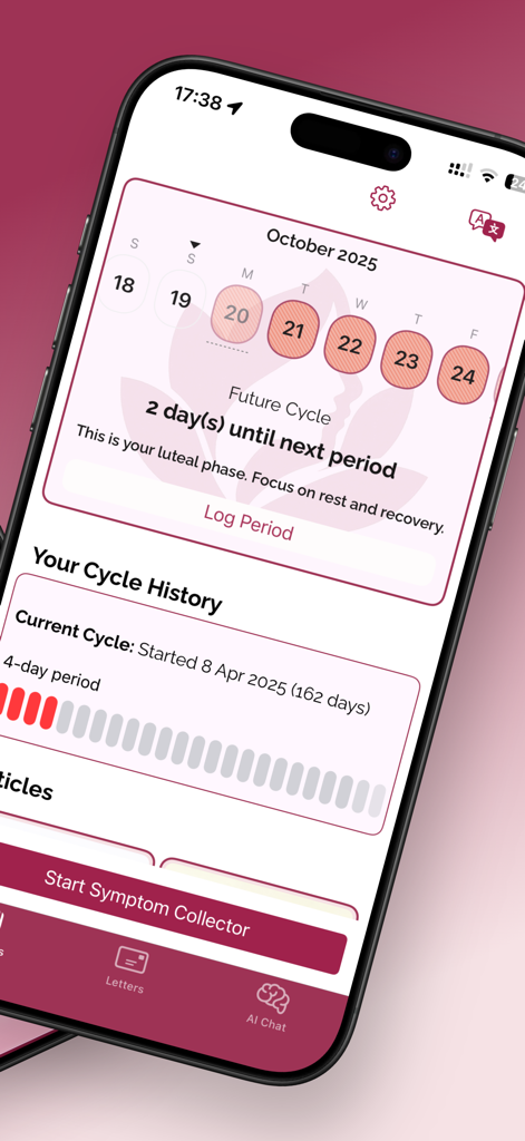 Sofia AI mobile app interface showing menopause cycle tracking and luteal phase health advice.