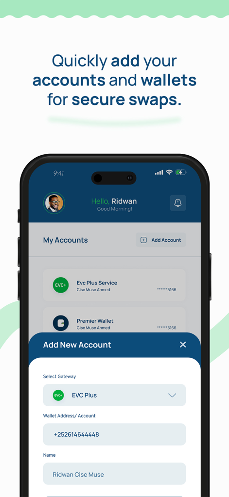 Taran App - Taran App user interface for adding new mobile wallets and accounts to facilitate secure digital currency swaps
