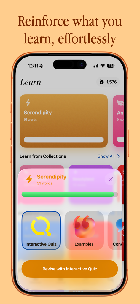 LookUp: English Dictionary - LookUp app Learn screen featuring vocabulary building and interactive quizzes.