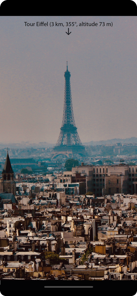 Azimuth - Orientation table - Vue en réalité augmentée identifiant la Tour Eiffel avec des données de distance et d'orientation