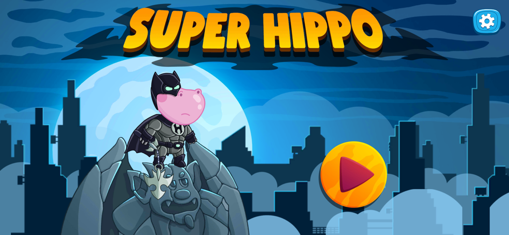 Main menu of Hippo Superheroes Battle game showing a pink hippo dressed as a superhero in a night city setting