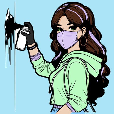 realistic girl with mask spray painting a wall