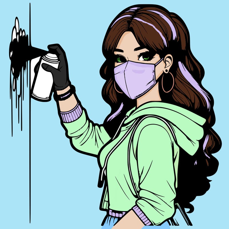 realistic girl with mask spray painting a wall