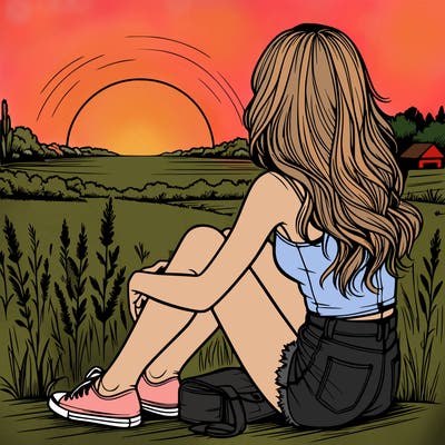 realistic girl sitting and watching the sunset