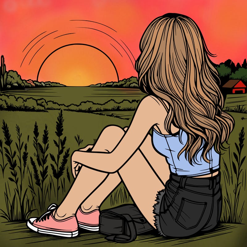 realistic girl sitting and watching the sunset