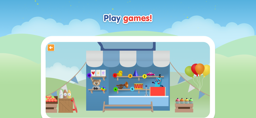 Numberblocks World - Interfaz de juego de contar con juguetes numerados en un puesto del mercado