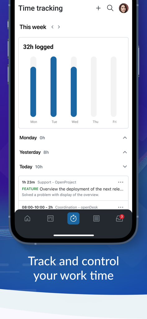 OpenProjectモバイルアプリのインターフェース。棒グラフと日々の作業時間記録が表示された週次時間追跡ダッシュボードが表示されています。