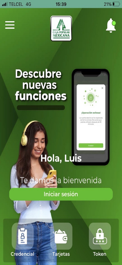 Pantalla de bienvenida de la app CPM Movil Plus con botón de inicio de sesión y acceso a tarjetas de identidad y tokens digitales