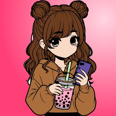 realistic girl with a lphone and boba