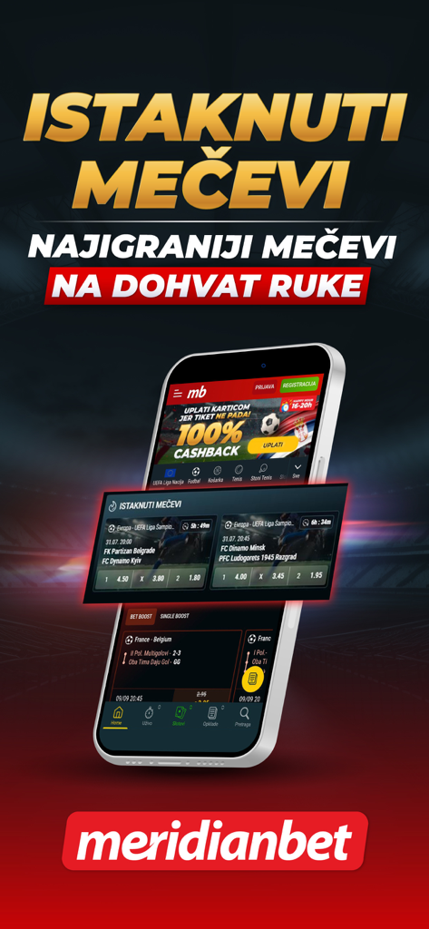 Meridianbet.RS - Meridianbet mobile app interface showing featured sports betting matches and promotional offers.