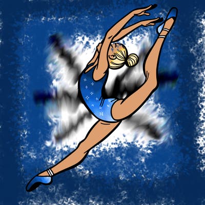 gymnast doing a leap in a leotard with a bent back leg