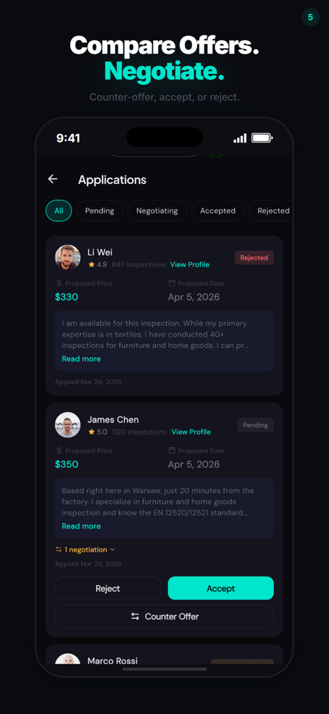 Spektor - Mobile screen showing inspector applications with pricing and negotiation options