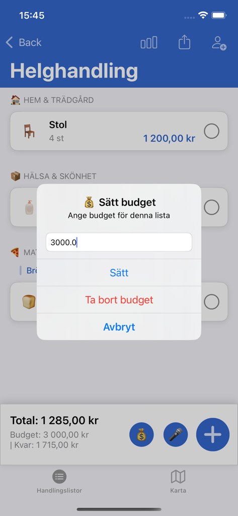Skandinaviens Största Varuhus - A mobile app interface showing a shopping list with a pop-up window to set a total budget.