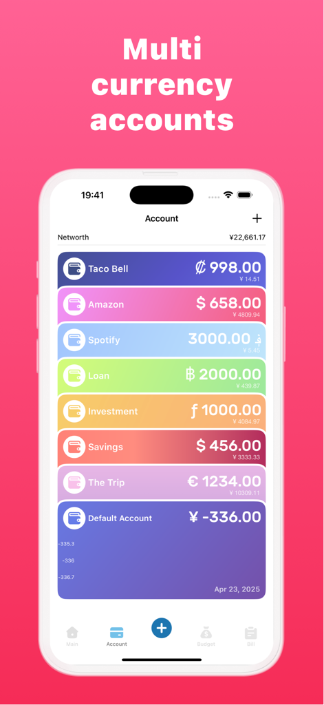 Money Manager: Budget Expense - money manager app interface showing multiple accounts with different international currencies