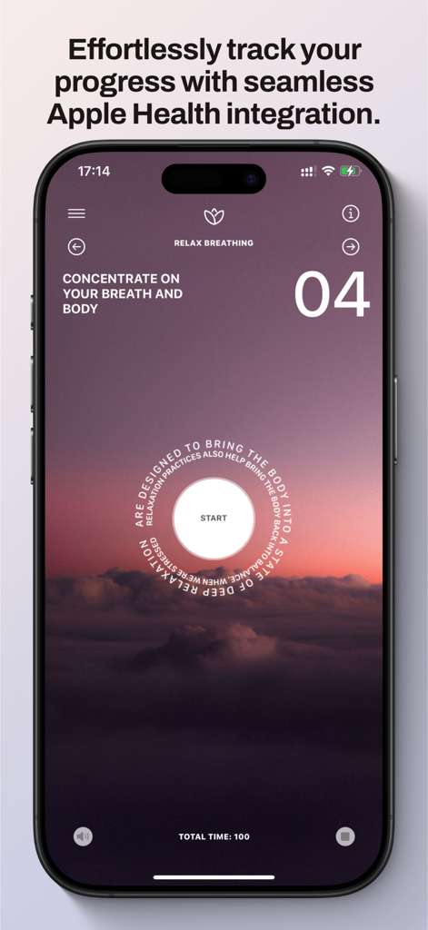BreatheIn: Calm Breathing - BreatheIn app interface showing relax breathing exercise with Apple Health integration