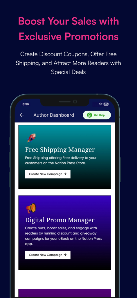 Notion Press - Notion Press Author Dashboard showing promotion and free shipping management tools for self-published authors