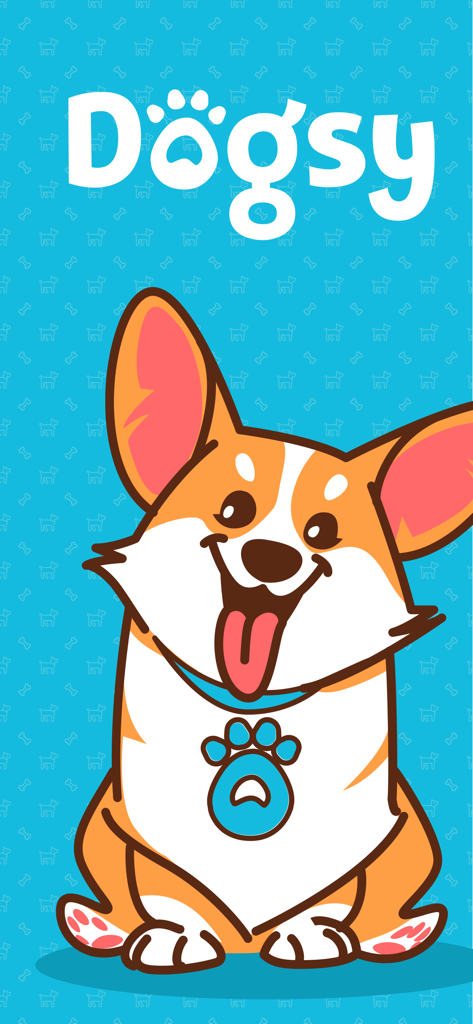 Догси – Передержка и выгул - Dogsi app splash screen featuring a happy cartoon corgi and the brand logo on a blue background
