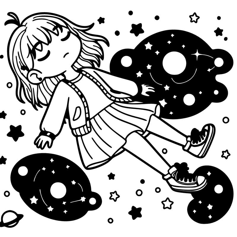 girl falling into a peaceful world of galaxies