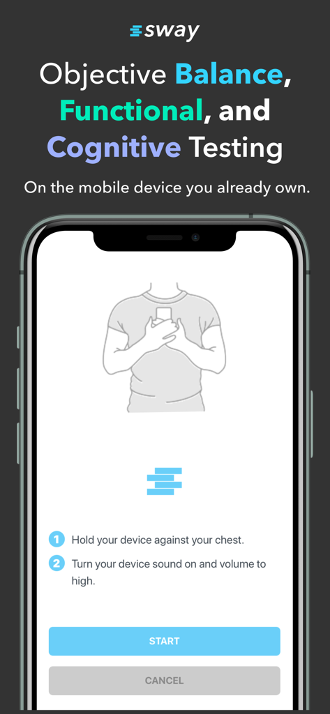 Sway Medical app screen showing instructions for an objective balance and cognitive test using mobile motion sensors.