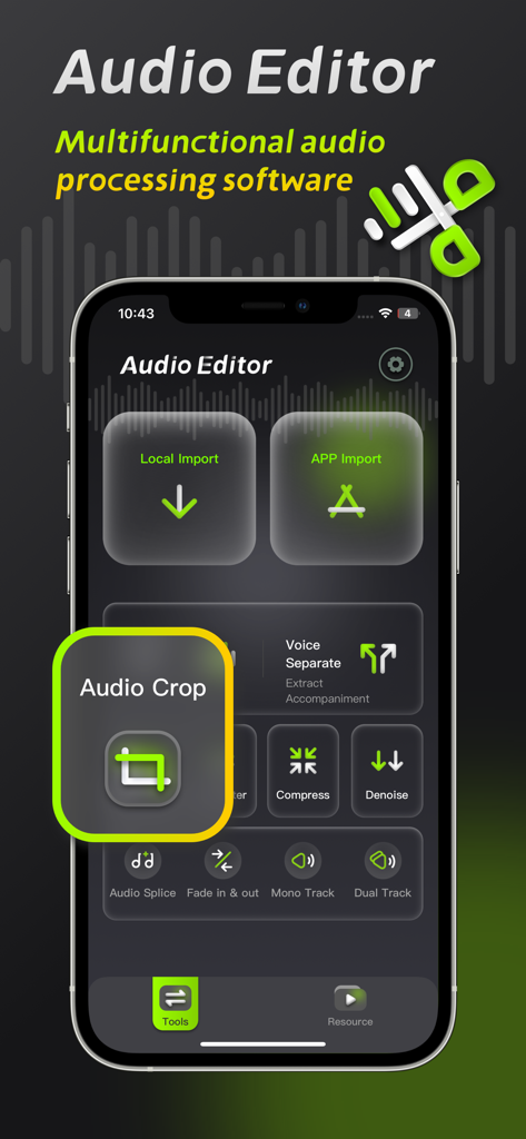 Interfaccia dell'app mobile Audio Editor che evidenzia lo strumento di ritaglio audio e le funzionalità di elaborazione audio professionale