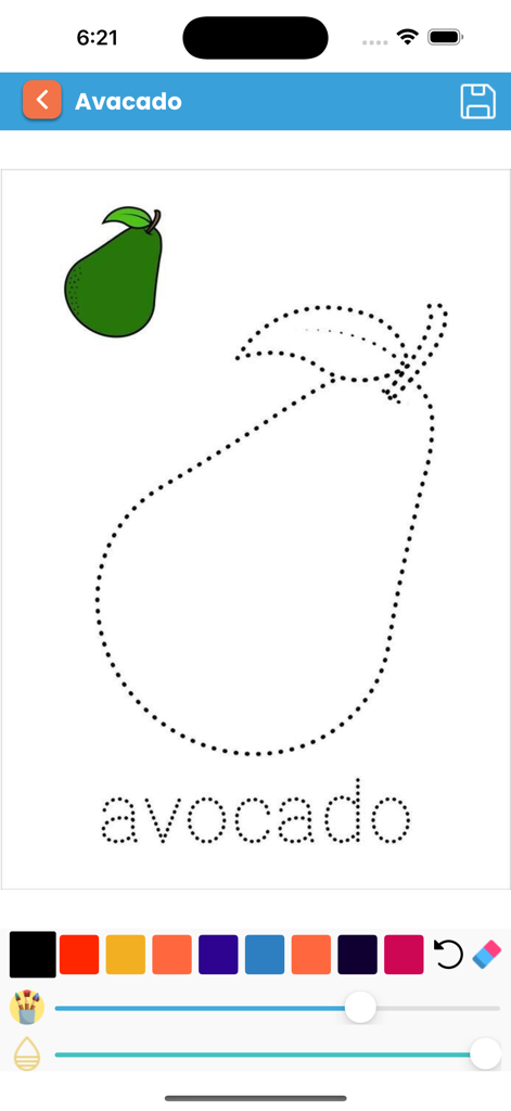 Schreibübung für Kinder, die eine gepunktete Avocadoform und das Wort Avocado zeigt, um das Schreiben zu üben.