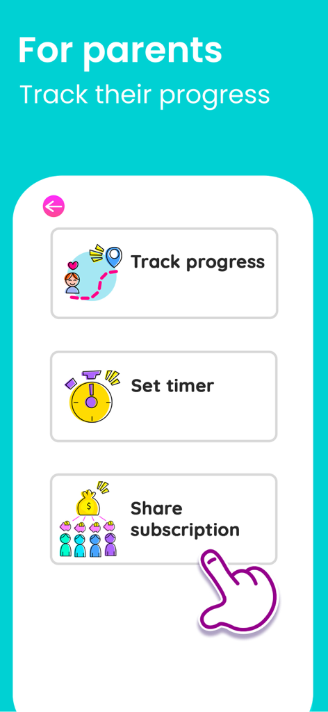 Painel do pai no aplicativo Smart Tales com rastreamento de progresso, temporizador de tempo de tela e compartilhamento de assinatura.