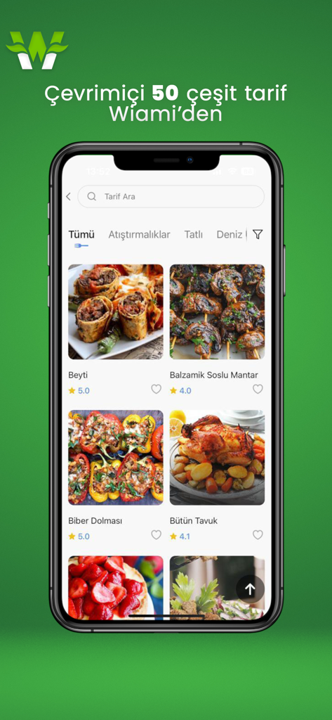 Wiami - Wiami mobile app interface showing a variety of recipes with images and ratings.