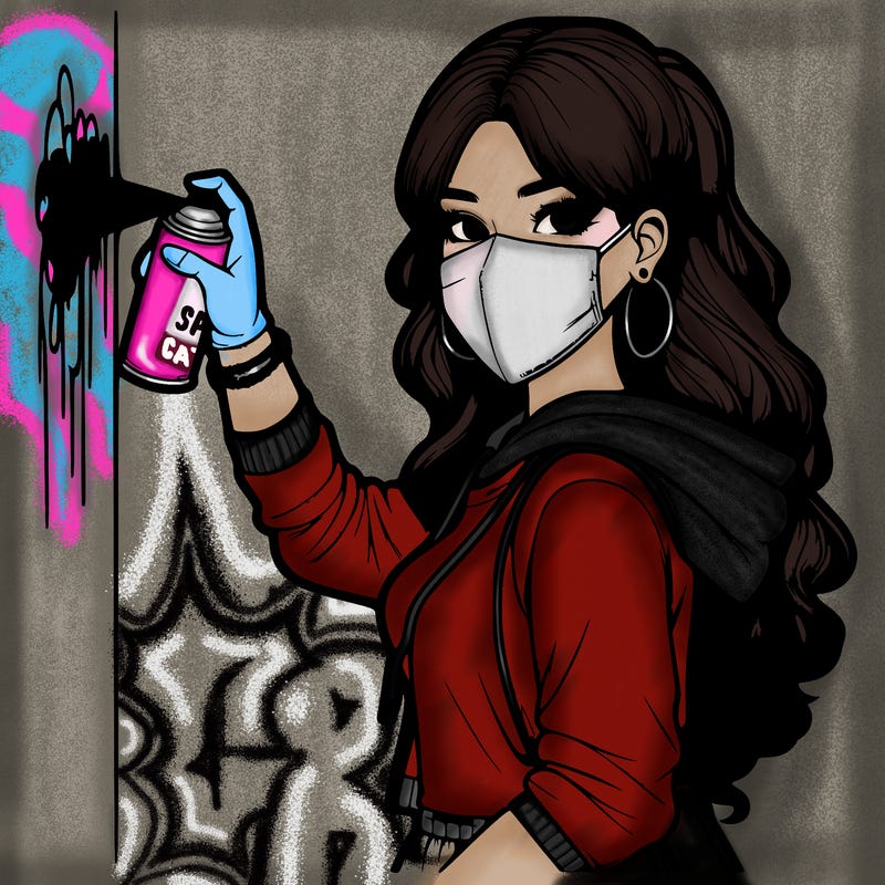 realistic girl with mask spray painting a wall