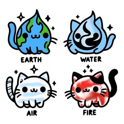 4 cats that represent the different elements, earth, water, air, and fire