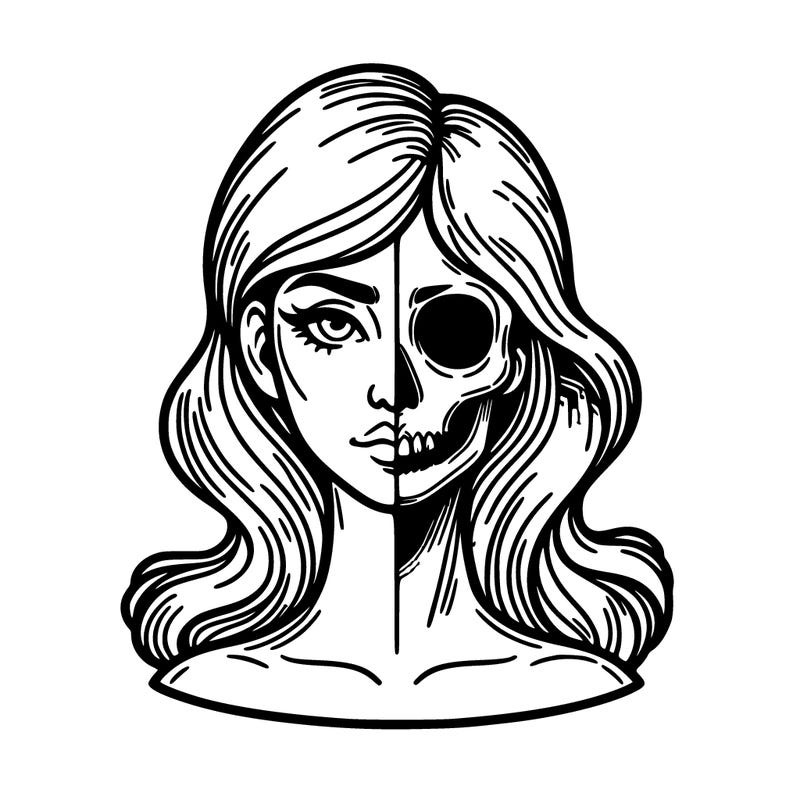 bust of a woman, half face and hair, half skull