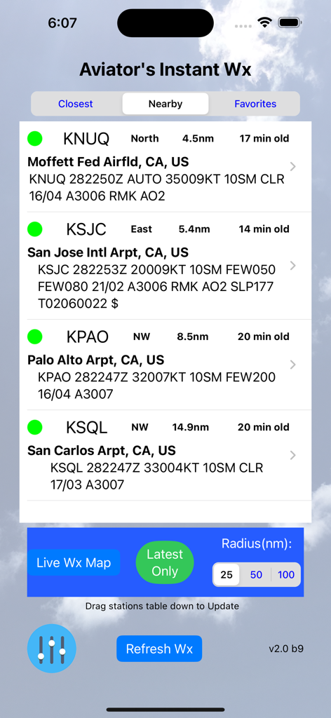 Aviator's Instant Weather - Aviators Instant Weather app displaying nearby airport METAR reports and aviation weather data