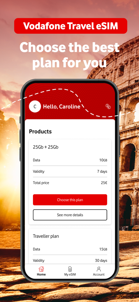 Vodafone Travel - Vodafone Travel app interface showing international eSIM data plans for travelers