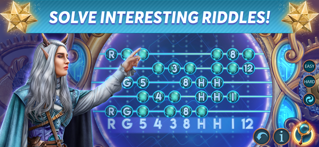 Maze of Realities: Synergy F2P - A fantasy elf character solving a logic riddle on a blue glowing grid in Maze of Realities Synergy