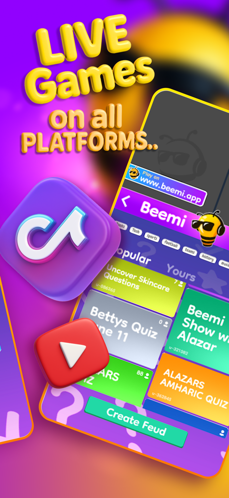 Beemi - The Beemi app interface displaying interactive quiz games for TikTok and YouTube live streamers.