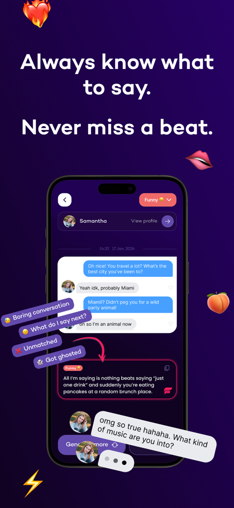Flirtist AI dating assistant app interface showing a generated witty reply to a chat screenshot