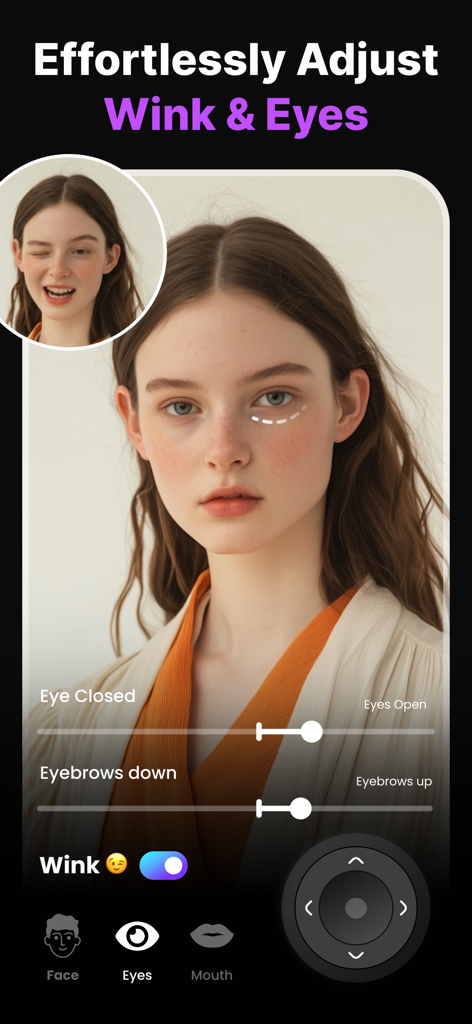 Expression Editor - Reshot AI - Interface of the Reshot AI app showing a young woman's face with sliders to adjust eye openness, eyebrow position, and a wink toggle.