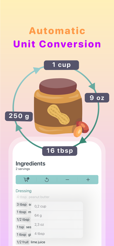Plantiful - Healthy Recipes - Automatic ingredient unit conversion feature in the Plantiful app