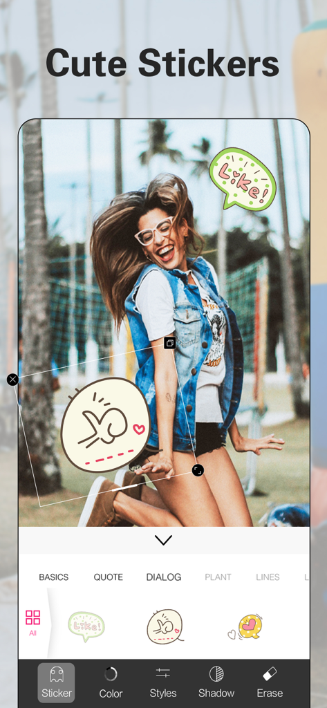 Picsee-Add text on photos - Picsee 앱 스티커 편집 도구를 사용하여 말풍선 스티커로 장식된 웃는 여성의 사진.