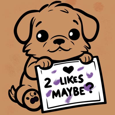 a puppy holding a sign that says 2 likes maybe?