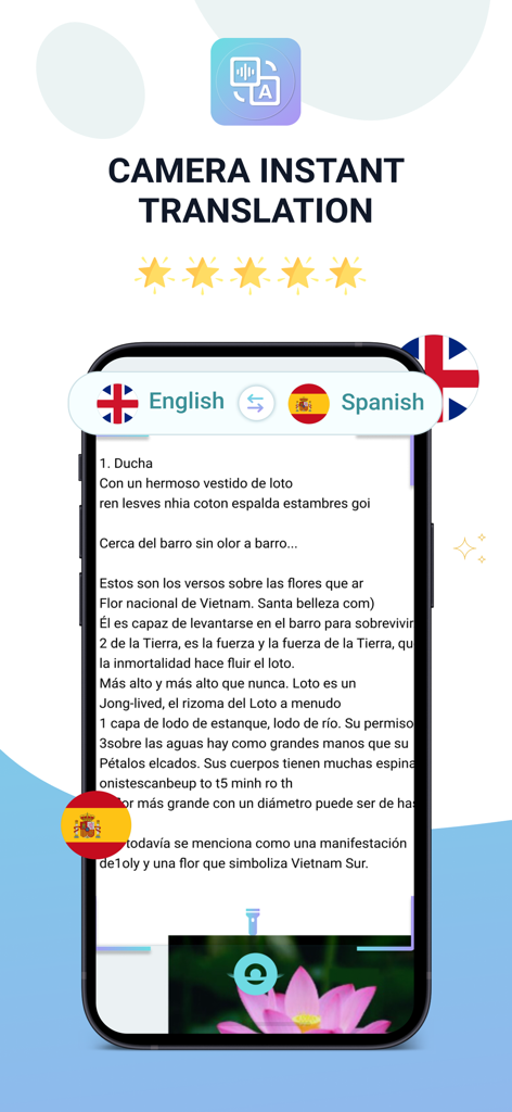 Nice Translate - Translator - A mobile phone screen showing the camera instant translation feature of the Nice Translate app between English and Spanish