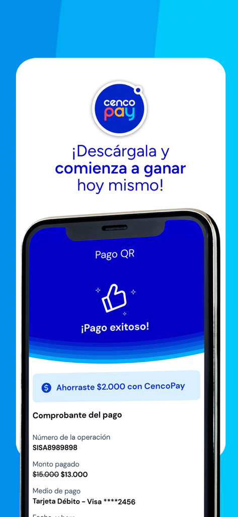 CencoPay, tu billetera digital - Un teléfono inteligente que muestra una pantalla de confirmación de pago con código QR exitoso en la aplicación CencoPay con un recibo de pago y detalles de ahorro.