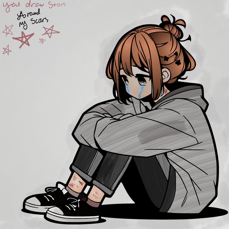 sad anime girl sitting alone